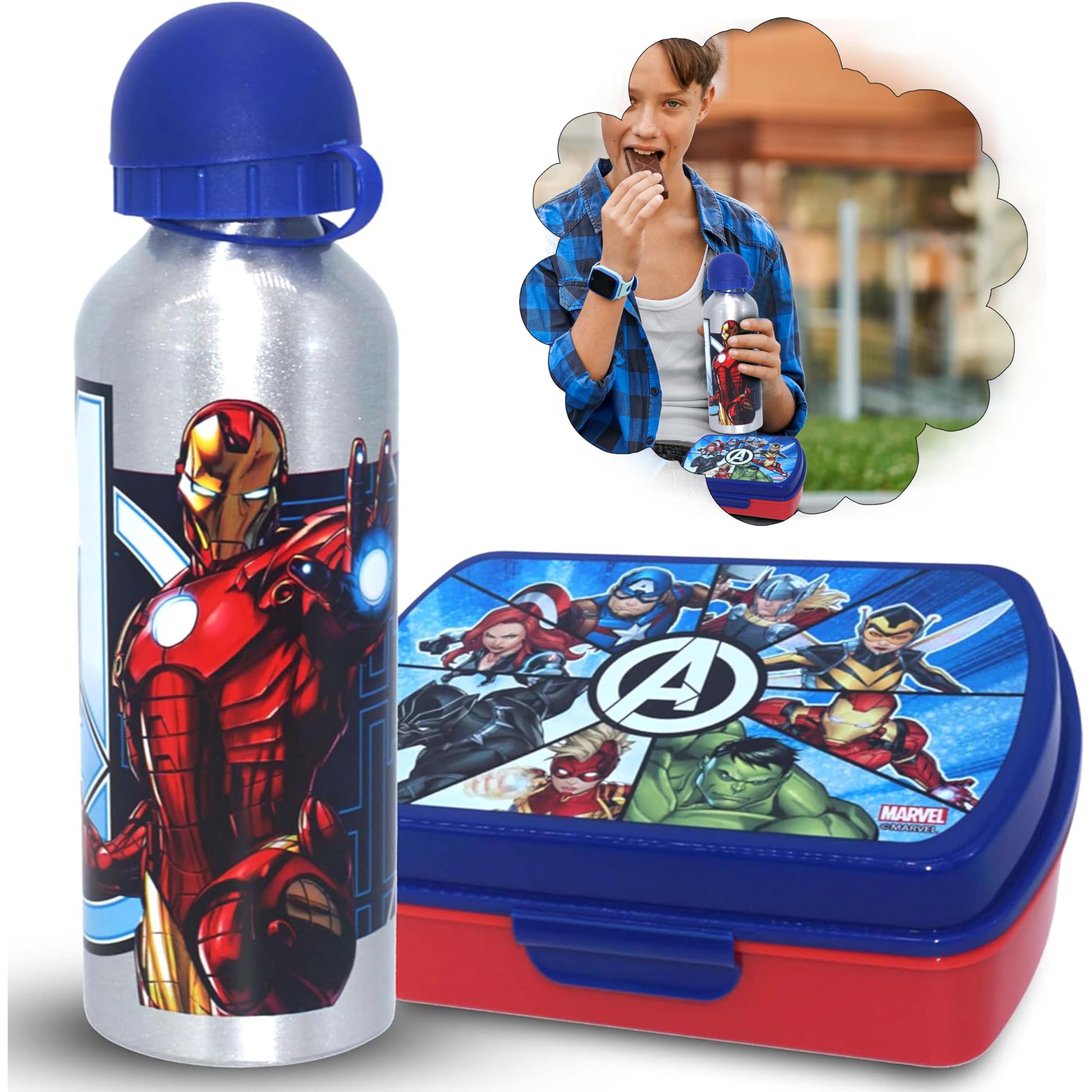 HOVUK Marvel Avengers Kids Lunch Box 2Pcs Set – Insulated Bag with 500ml BPA-Free Aluminium Water Bottle – Reusable, Leak-Proof, Official Merchandise for School and Travel