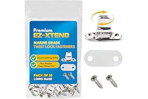 EZ-Xtend Marine Grade Twist Lock Fasteners - Nickel Plated Brass Turn Button Fastener with Stainless Steel Screws for Canvas, Marine Fastener Turn Buttons (Long Base - 10 PK)