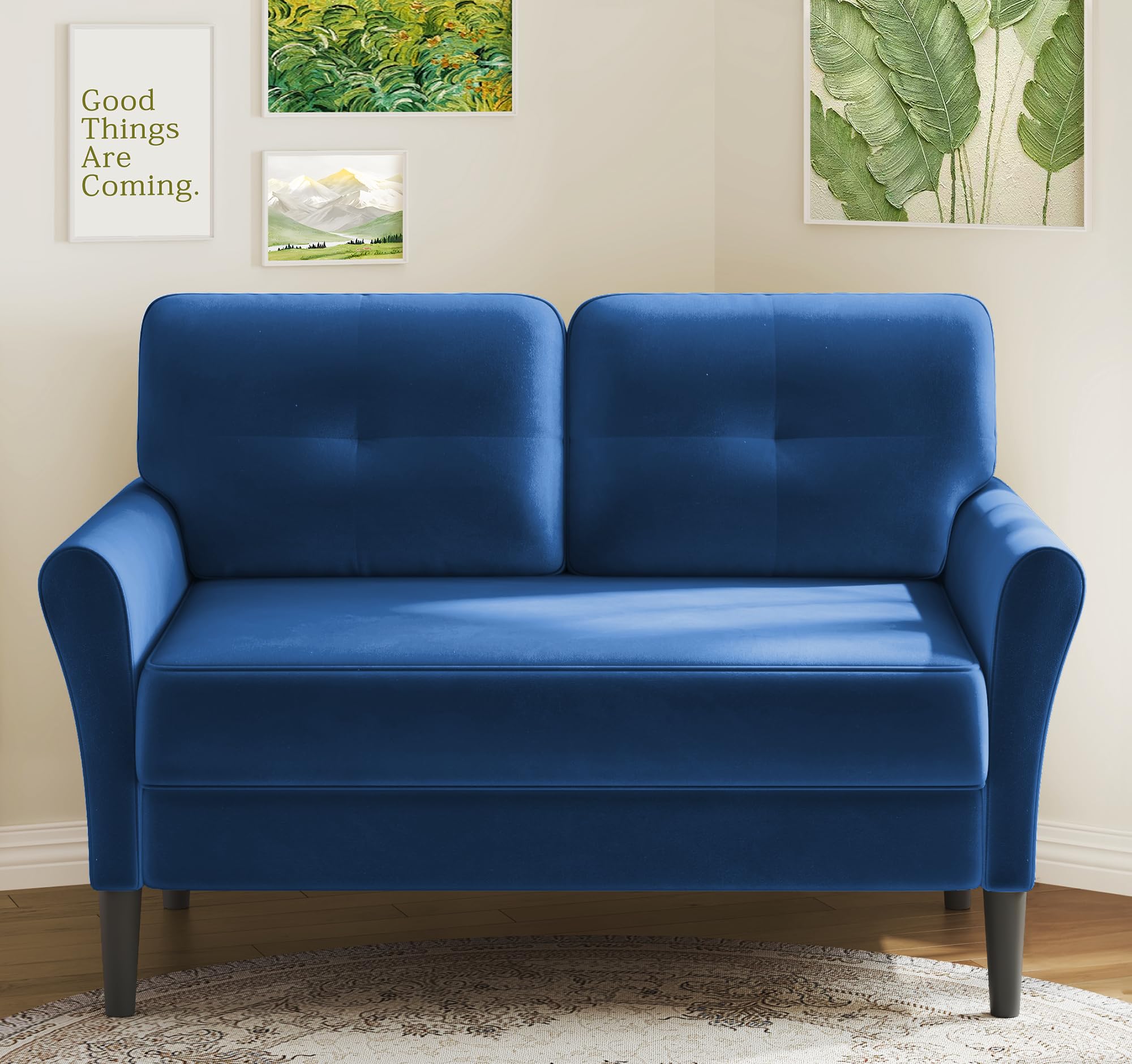 Photo 1 of ***BOX 1 OF 2/ONLY TOP CUSHION AND BOTTOM BASE**Small Sofa Couch, 48" Loveseat Sofa, Soft Velvet Love Seat Couches, Small Couch for Bedroom with 21" Deep Seat, Comfy Couches for Living Room, Tool-Free Setup Sofas for Living Room, Dark Blue