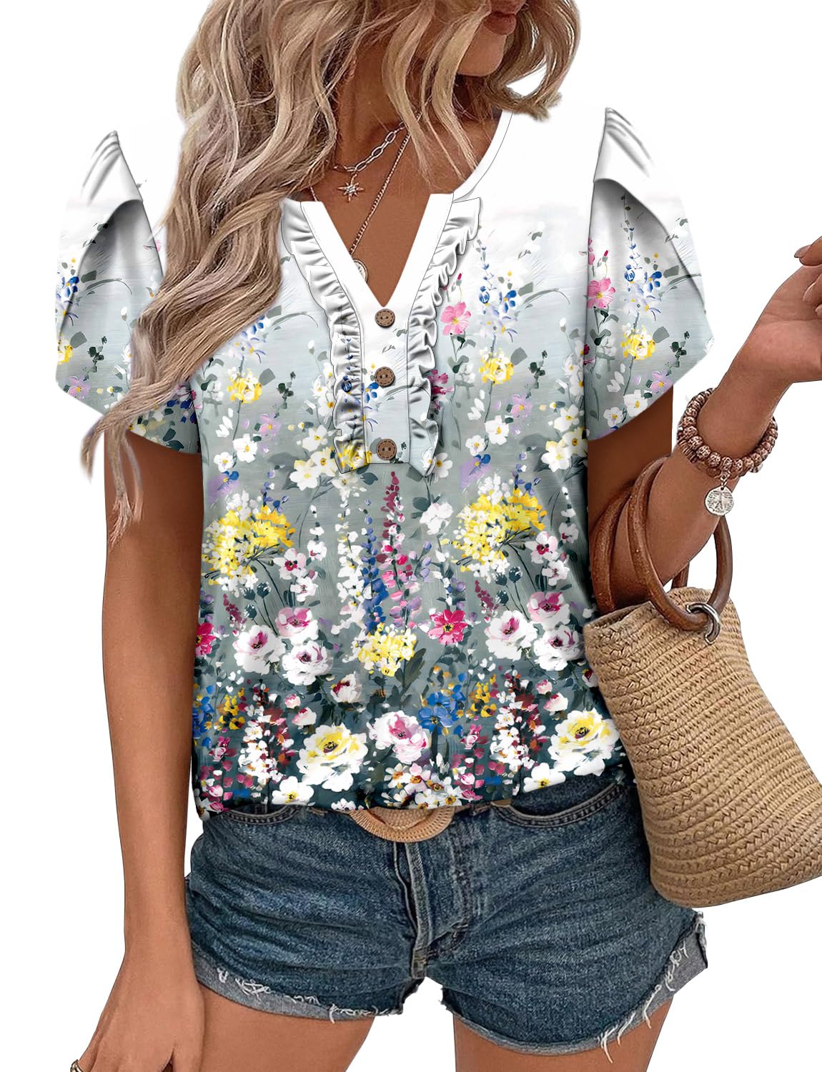 KISSMODA Women's Tunic Tops Casual V Neck Short