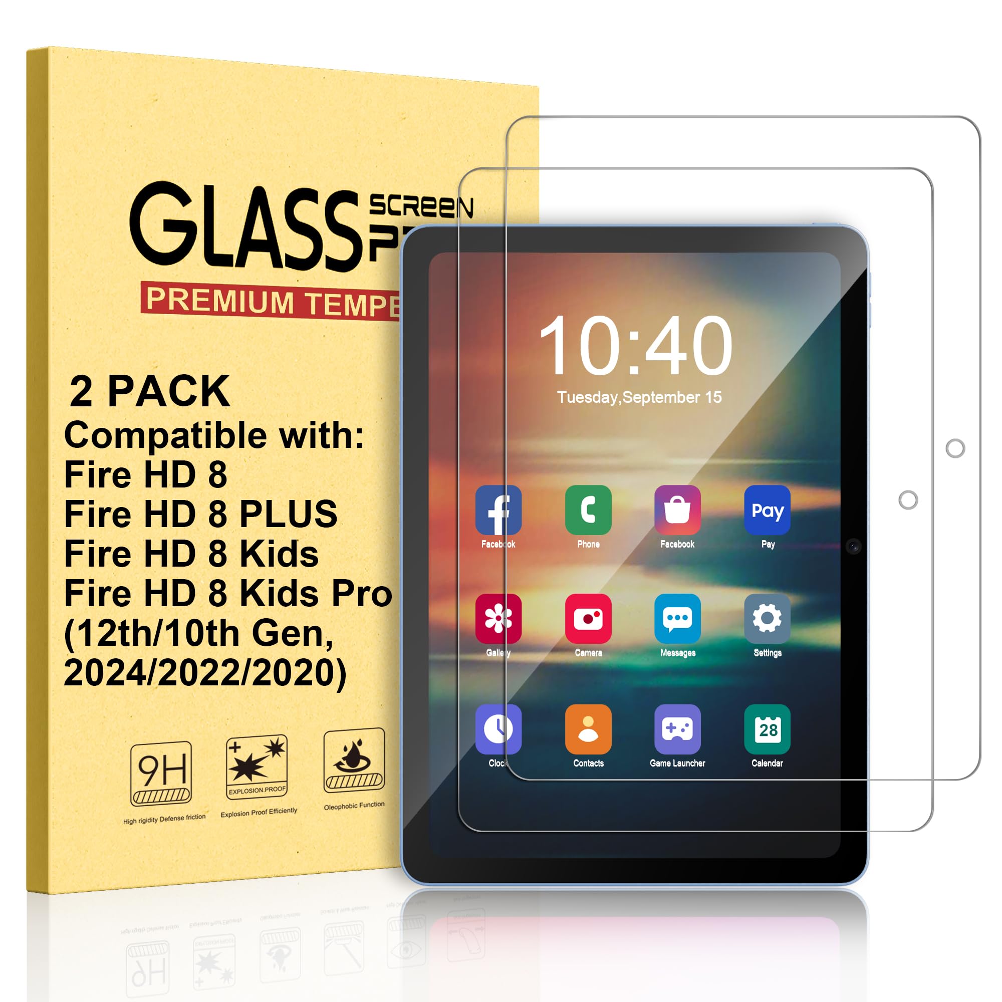 Photo 1 of [2-Pack] Screen Protector for F i r e HD 8 & 8 Plus & 8 Kids & 8 Kids Pro tablet (12th/10th Generation, 2024/2022/2020 Release), 9H Hardness Tempered Glass [Durable] [Anti-Scratch] [Easy Installation]