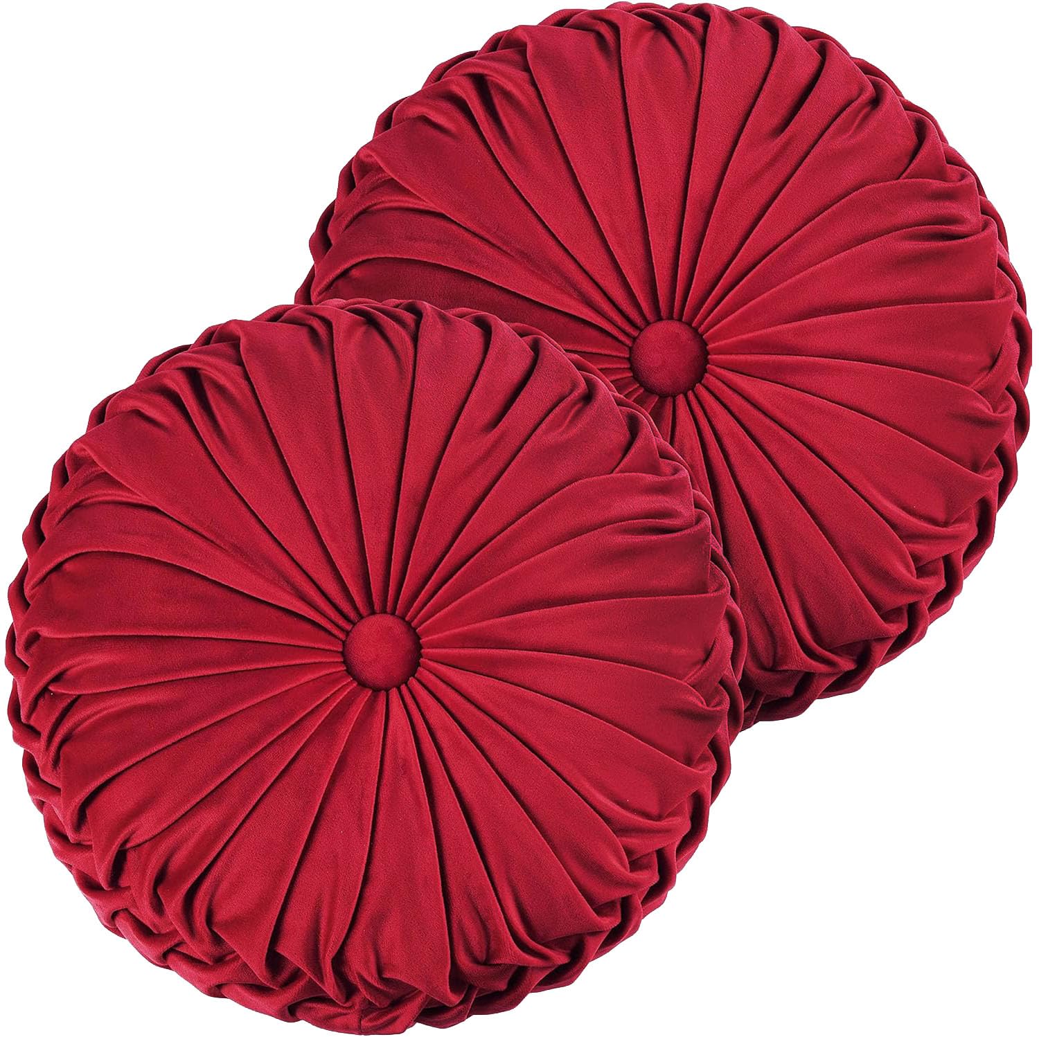 HIG Set of 2 Decorative Round Pleated Throw Pillows, Classy Accent Pumpkin Throw Pillows with Center Button, Vintage Velvet Floor Pillows for Sofa Couch Vanity Chair Bed, R, 14.5" Diameter(Ripple)