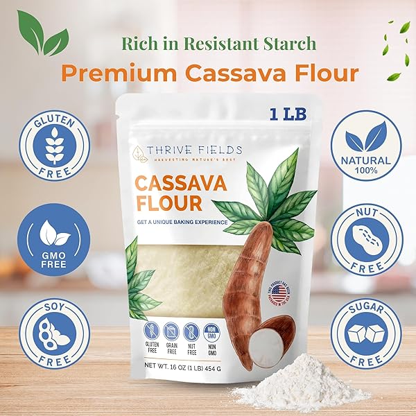 THRIVE FIELDS CASSAVA FLOUR – ALL-PURPOSE YUCA ROOT FLOUR FOR BAKING – GRAIN AND NUT FREE, NON GMO – GREAT FOR TORTILLAS, PANCAKES, PASTA, COOKING & MORE – 1 LB BAG