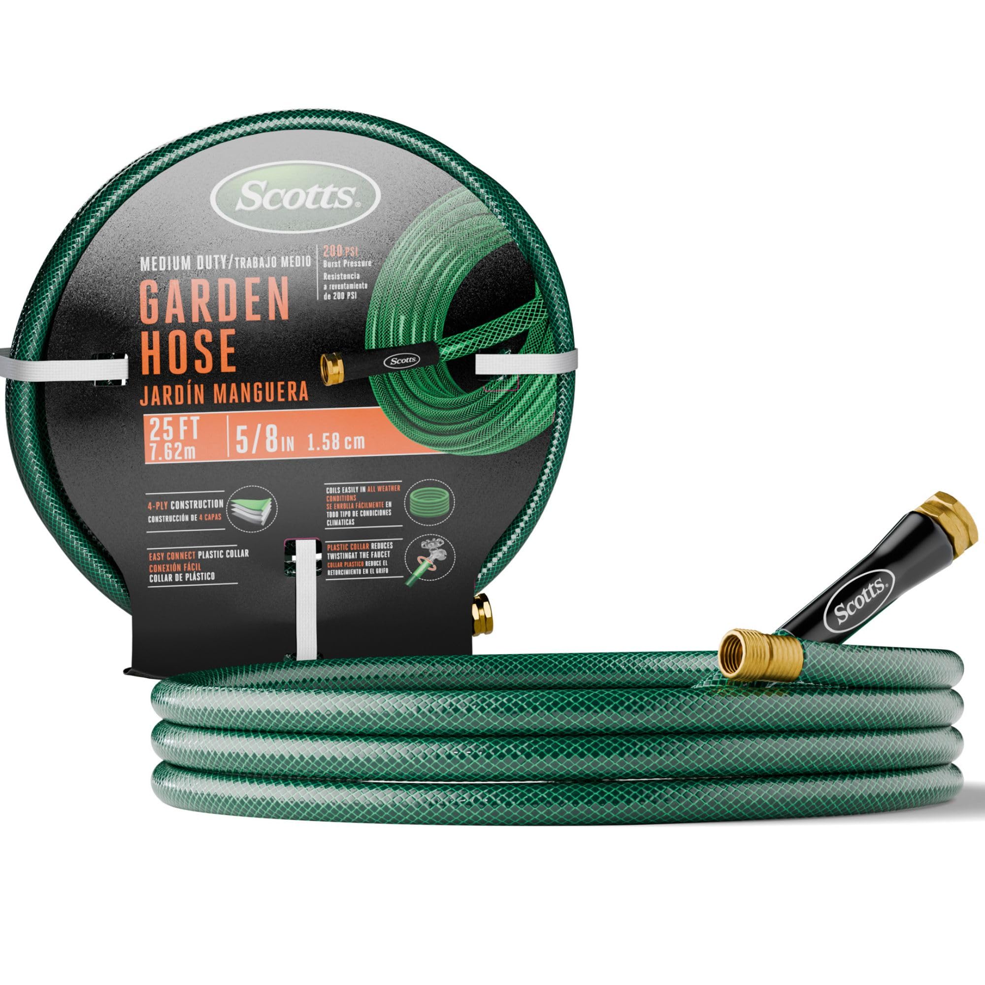 Photo 1 of Scotts 25 ft. Garden Hose – 5/8 in. Diameter, 4-Ply Construction, 300 PSI, High-Pressure, Easy-to-Coil Water Hose with Crush-Resistant Couplings, Easy to Connect for Lawn and Garden Use