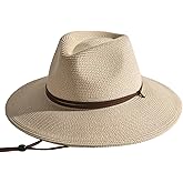 FURTALK Womens Summer Straw Sun Hats Wide Brim Panama Fedora Beach Hat with Wind Lanyard UPF 80+
