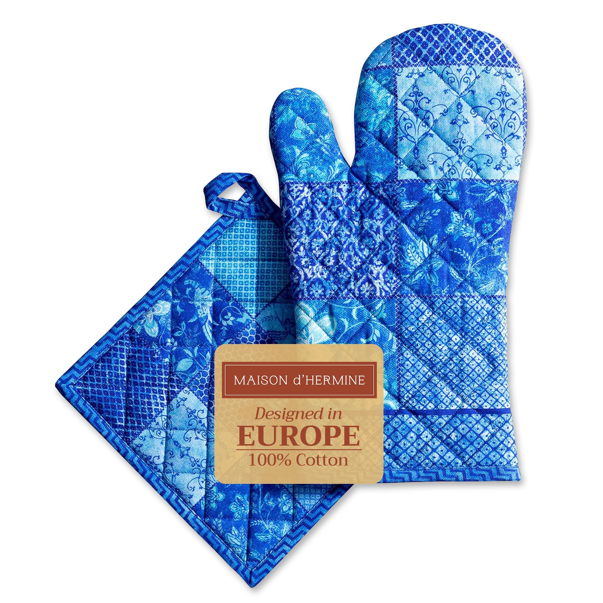 Maison d' Hermine 100% Cotton Oven Mitt & Pot Holder Set (19 x 33 cm & 20 x 20 cm) Heat Resistant BBQ Cooking Gloves with Loop for Baking Handling Hot Pans Gifts for Mothers Day (Indigo Love)