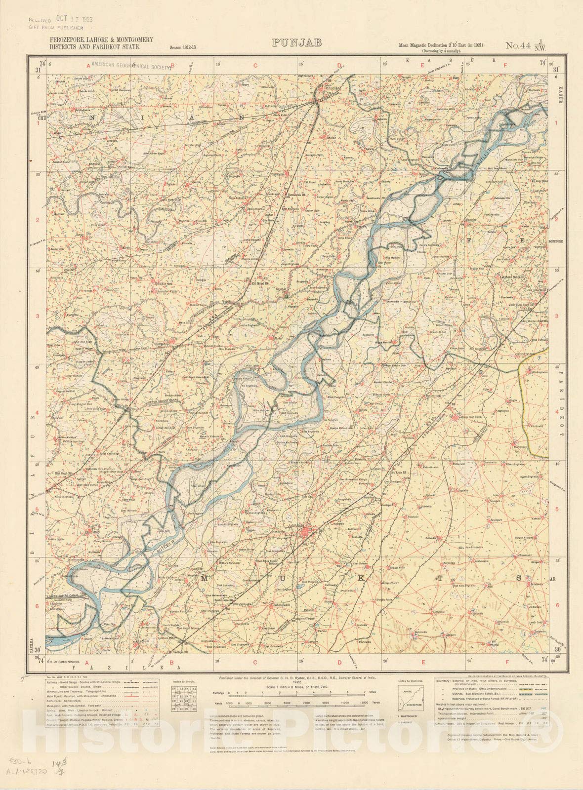 Historic Pictoric Map : Ferozepore, Lahore & Montgomery Districts and Faridkot State, Punjab No. 44 