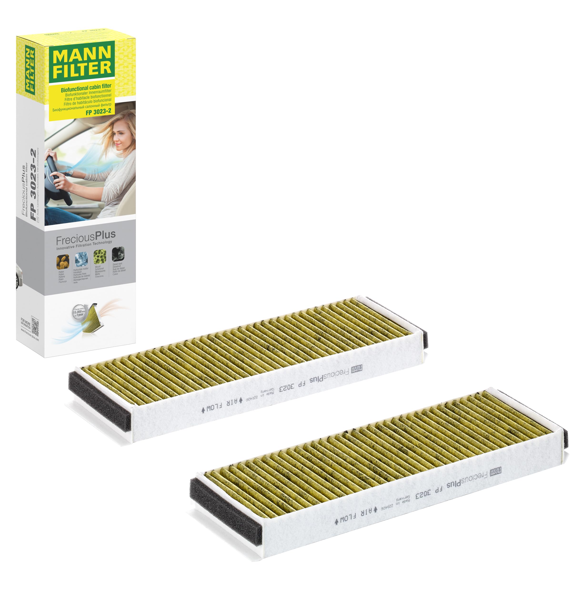 MANN-FILTER FP 3023-2 Cabin Air Filter - FreciousPlus Biofunctional Pollen Filter - (set of 2) for Cars + Transporters