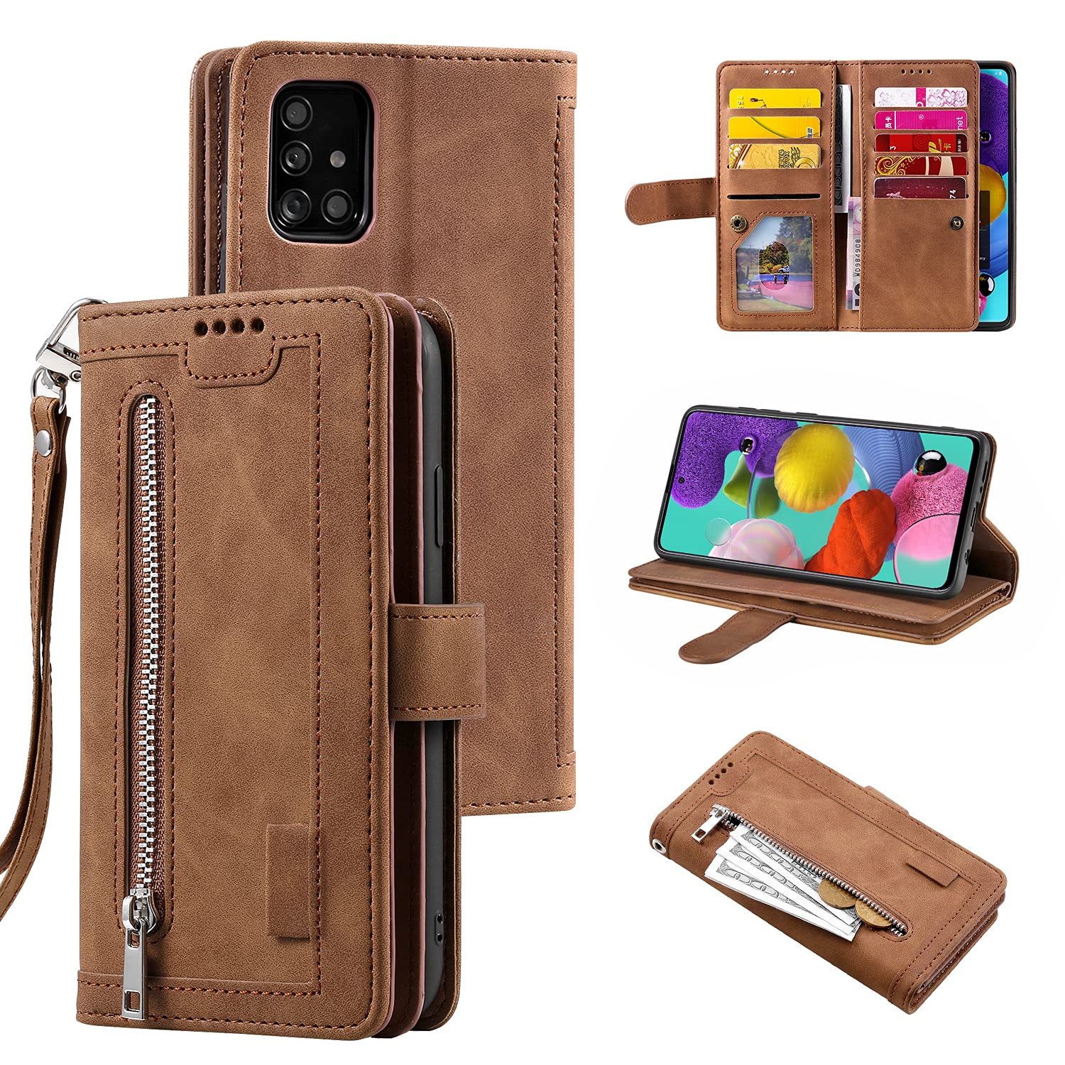 UEEBAI Wallet Case for Samsung Galaxy A51, Retro 9 Card Holder Slots Zipper Pocket Handbag Case PU Leather Magnetic Closure Kickstand with Wrist Strap TPU Shockproof folio Case - Brown โ image 1