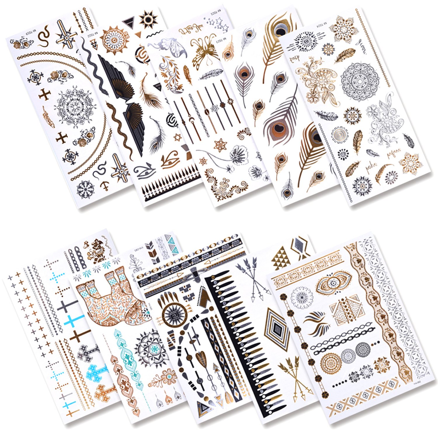 Aboat 10 Sheets Metallic Temporary Tattoos 200 Shimmer Designs (Gold, Silver, Black)