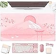 Cherry Blossom Mouse Pad Kawaii Pink Floral Desk Mat, Japanese Pastel Sakura Large Anime Gaming Mousepad XXL, Cute Aesthetic Mount Fuji Japan Keyboard Mats for Women Office Desk Pads 31.5"x15.75"