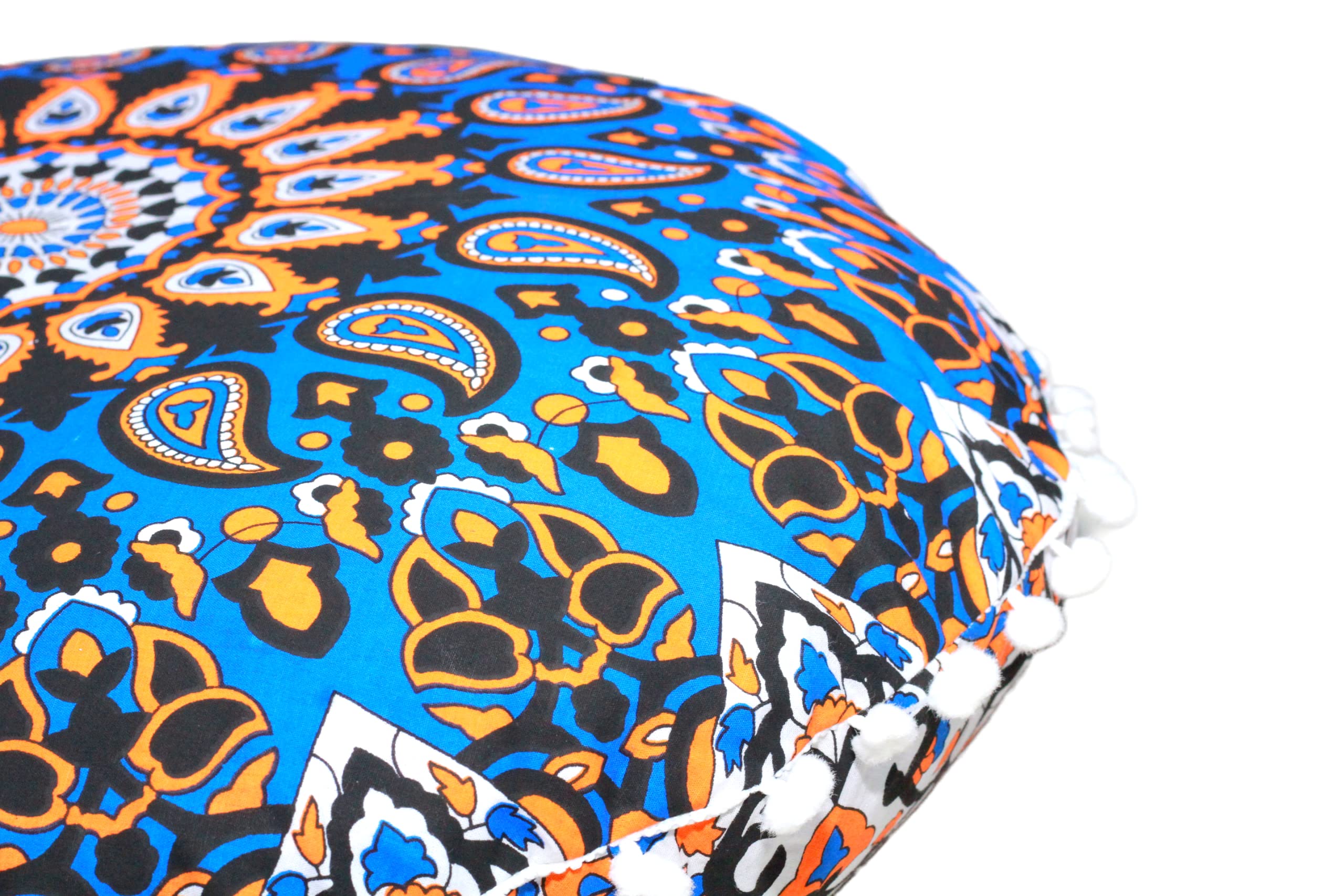 Round Mandala Floor Pillow Cover Seating Cushion Throw Cover Hippie Decorative Bohemian Ottoman Pouf Cover, Pom Pom Pillow Cases,Boho Indian 22 Inches (Blue Brown)