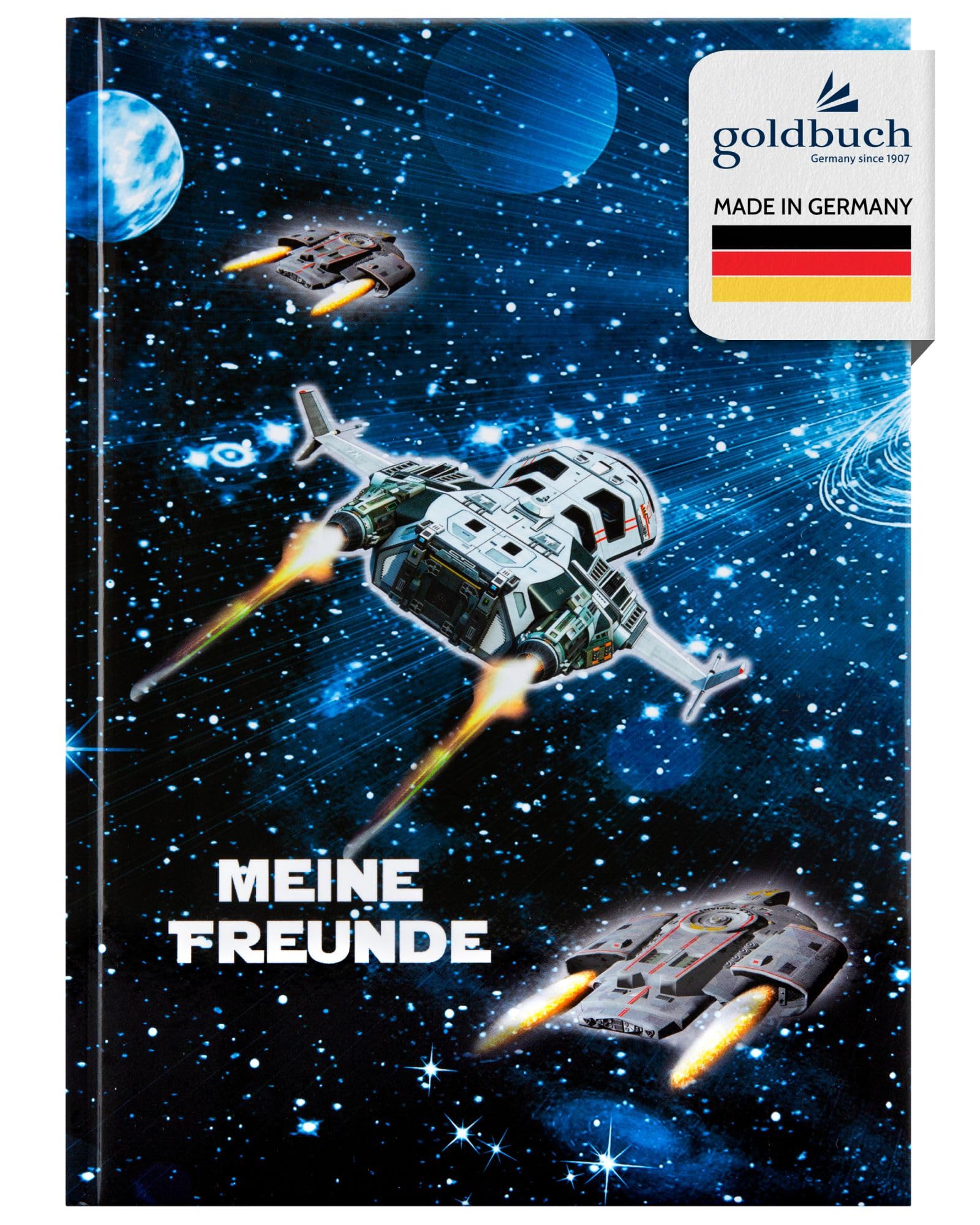 goldbuch 43570 Friendship Book Spaceship Friendship Book DIN A5 72 Illustrated Pages for Nursery, Nurseries and Primary School, for Best Friends in School Time, Art Print, Laminated, Dark Blue, 15 x