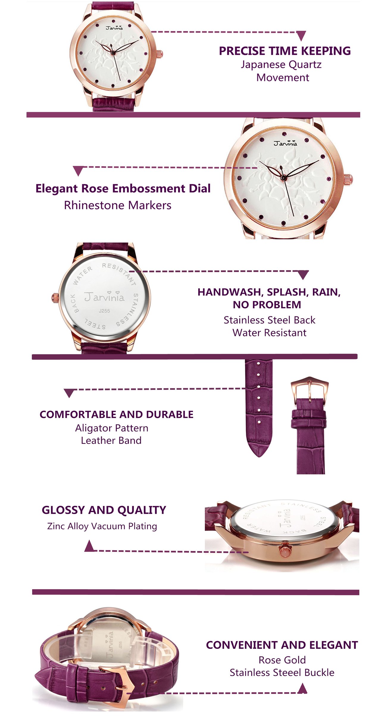 JSDDE Uhren,Fashion Damen-Armbanduhr Relief Rose Blume Zifferblatt Armbanduhr mit Strass Annalog Quarzuhr,Violett