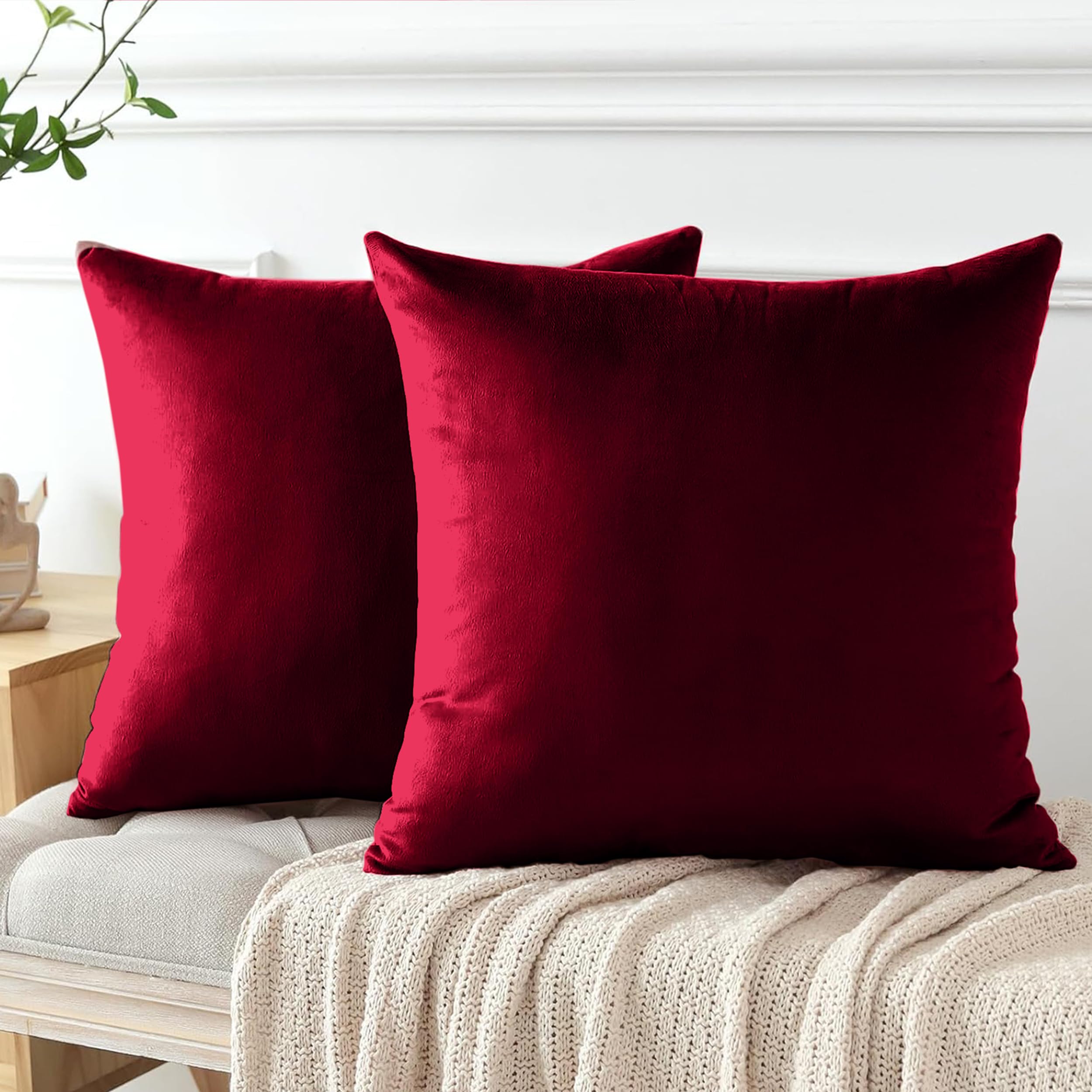 My home store Velvet Red Cushion Covers - Sets of Two 18" x 18" Square Throw Christmas Decorative Pillowcases with Invisible Zipper 45cm x 45 cm