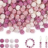 100Pcs Rhinestone Beads 10mm Pink Sparkle Round Shamballa Disco Ball Beads, Shiny Crystal Clay Pave Diamond Rhinestones Bead for Baseball Necklace Bracelet Earring Jewelry Making Party Decoration
