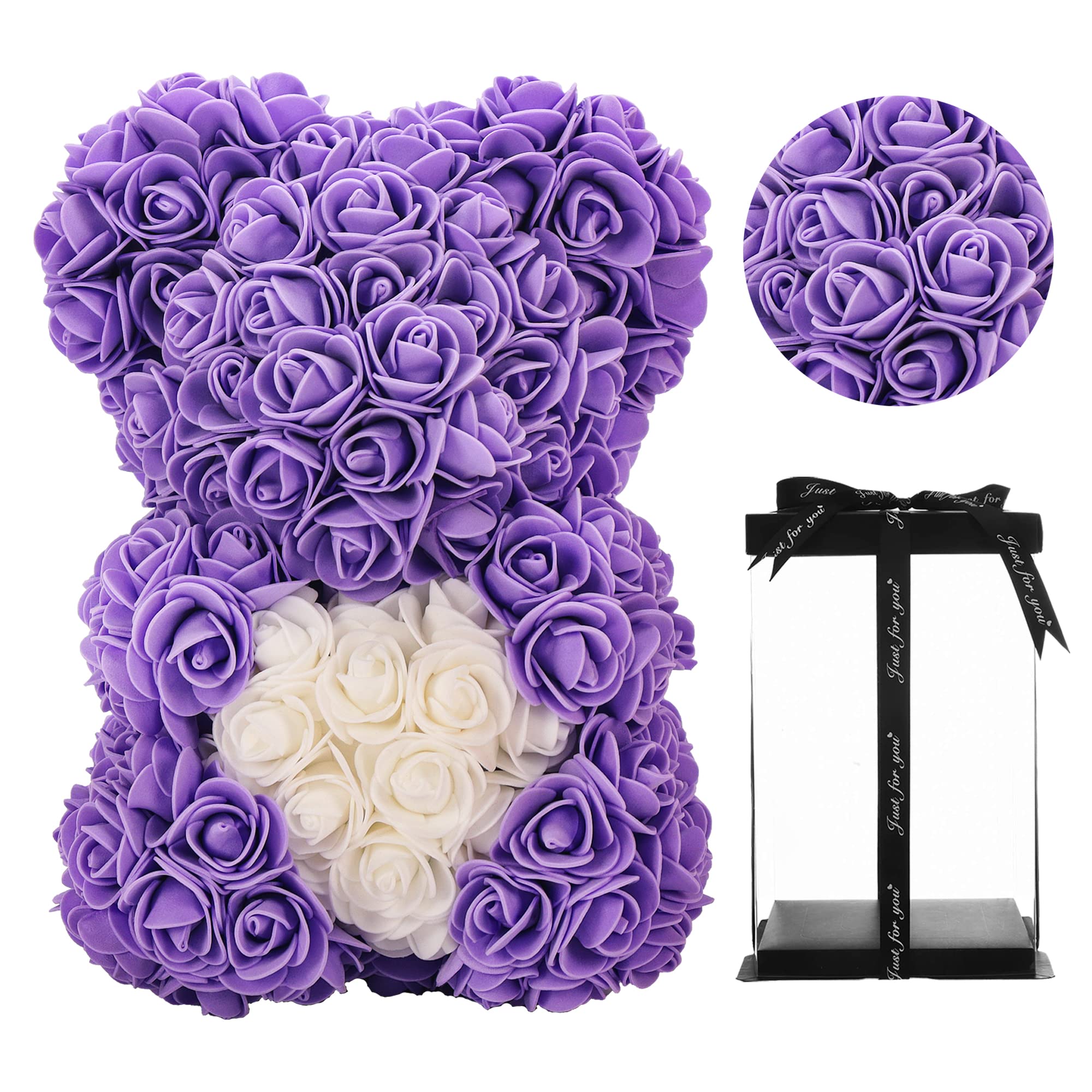 Rose Bear - Unique Gifts for Her, Girls, Mom - Birthday, Flower Delivery - Clear Gift Box Included (Purple, 10in)