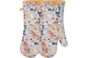 Heat Resistant Kitchen Oven Mitts with Non-Slip Silicone Printed, Set of 2 Oven Gloves for BBQ Cooking Baking, Grilling, Barb