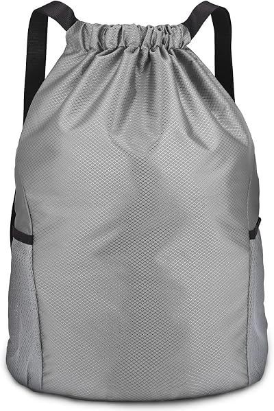 Dacitiery Nylon Drawstring Gym Bag with Outside Zipper Grey Large 48x40