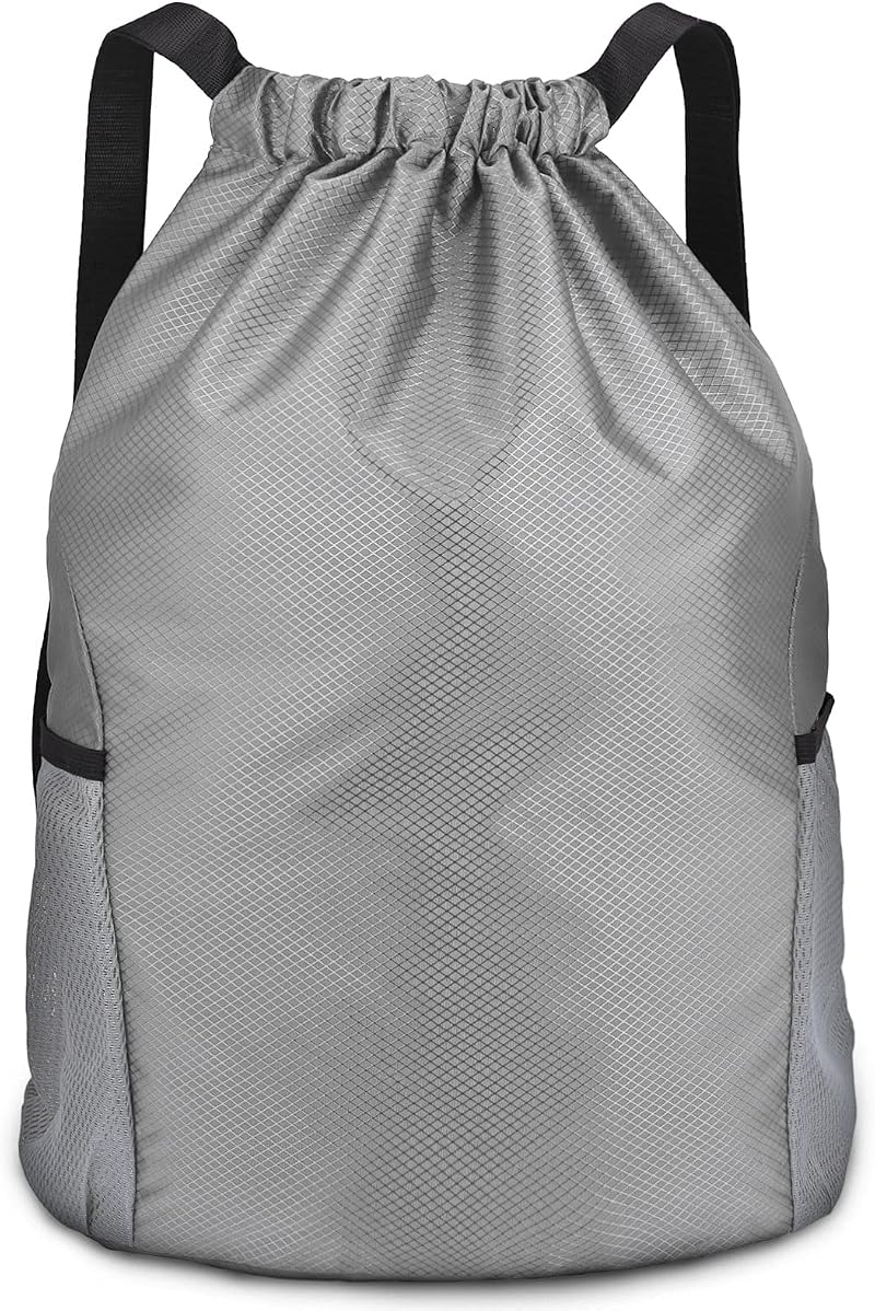 Dacitiery Nylon Drawstring Gym Bag with Outside Zipper Grey Large 48x40