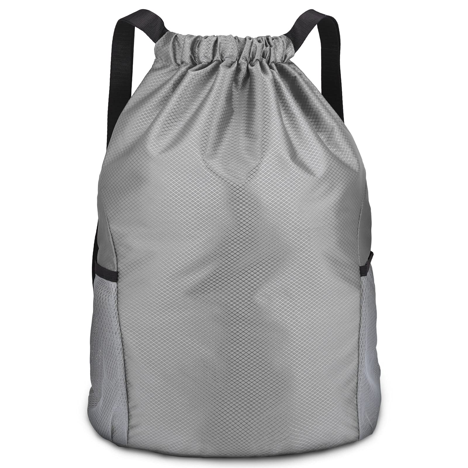 Dacitiery PE Bag Drawstring Gym Bag Sports Bag Drawstring With Outside Zipper Sack Bring Two Side Pockets,Large Backpack (Grey)