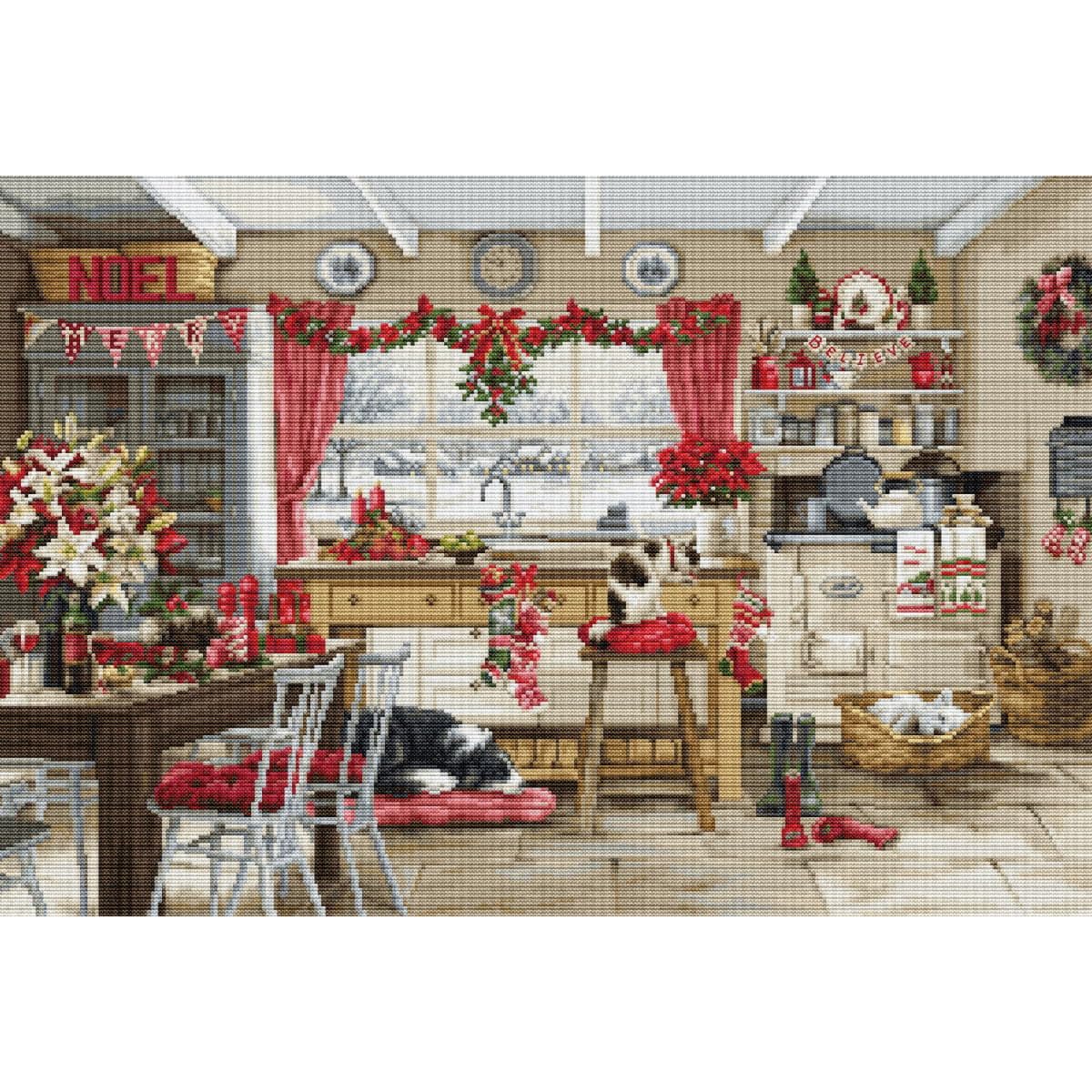 Luca-S Cross Stitch Kit Gold - Christmas Farmhouse Kitchen, BU5053, Counted Cross Stitch Kit for Adults, Needlecraft and Embroidery Kit
