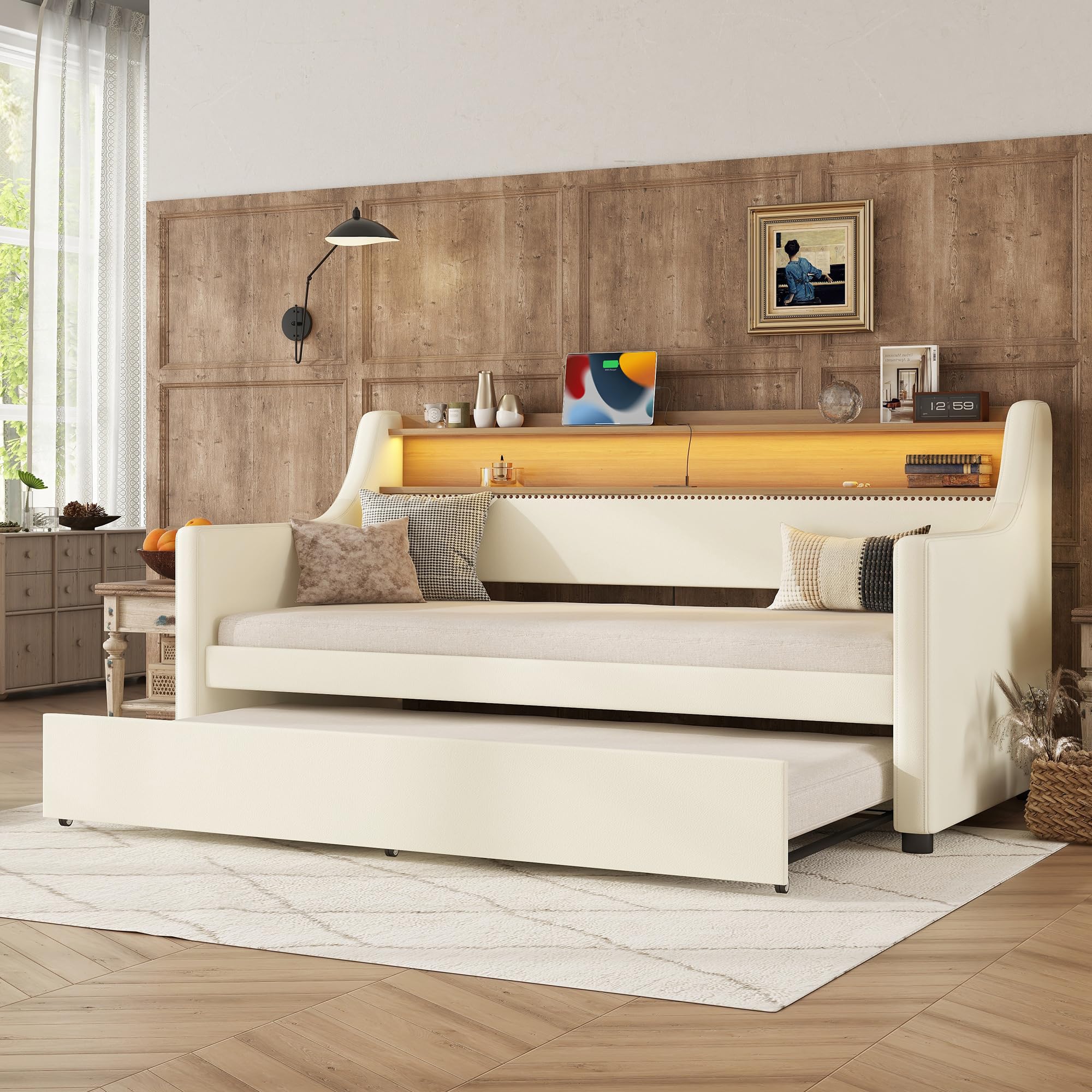 View 1 of ***PARTIAL SET - BOX 2/2 ONLY*** PVWIIK Twin Size Daybed with Trundle for Girls & Boys,Kid Bedroom,Upholstered Bed Frame w/Headboard Storage,LED Lights for Home Living Room Bedroom,Easy to Assemble, Beige
