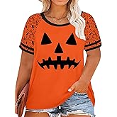 Plus Size Halloween Shirts for Women Pumpkin Graphic Tshirt Fall Casual Short Sleeve Tee Tops