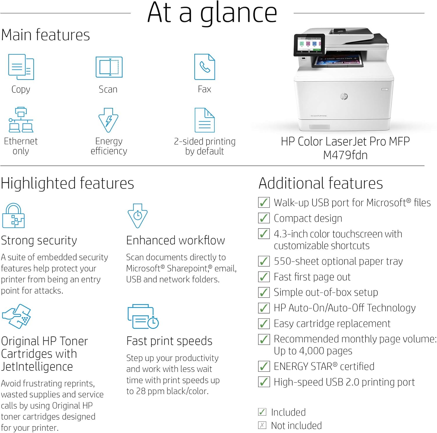 HP Color LaserJet Pro Multifunction M479fdn Laser Printer with One-Year, Next-Business Day, Onsite Warranty, Works with Alexa (W1A79A) – Built-in Ethernet: Electronics