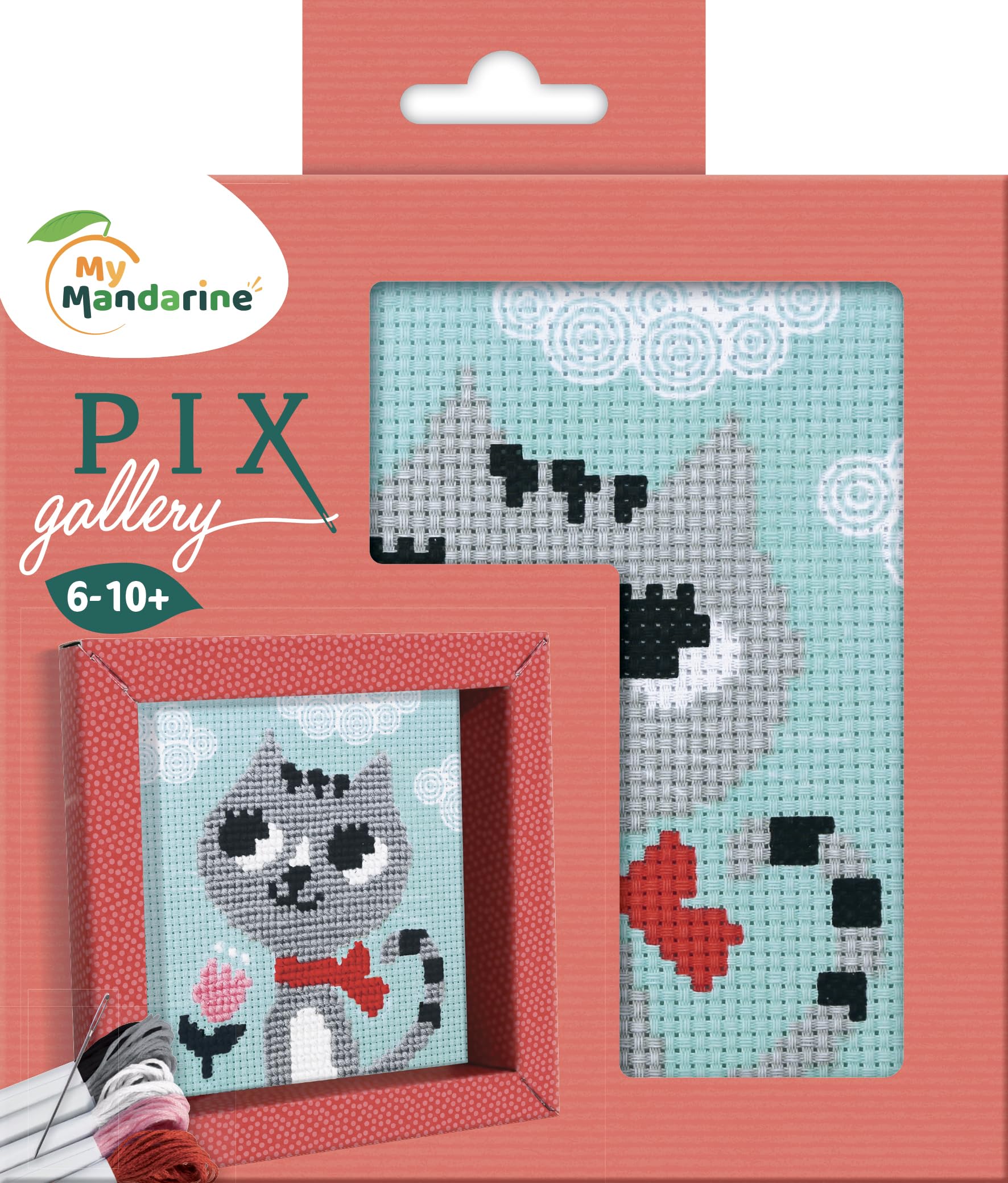 Avenue Mandarine - Ref KC026O - Pix Gallery Box Cross Stitch Painting - Cats Design - 127 x 127mm Printed Fabric, Frame Included, Suitable for Ages 6-10+