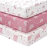 FIEMOL Baby Crib Sheets Girl, 3 Pack Toddler Bed Sheets Fitted for 52”x28” Standard Crib and Toddler Mattresses, Super Soft Microfiber Pink Rainbow