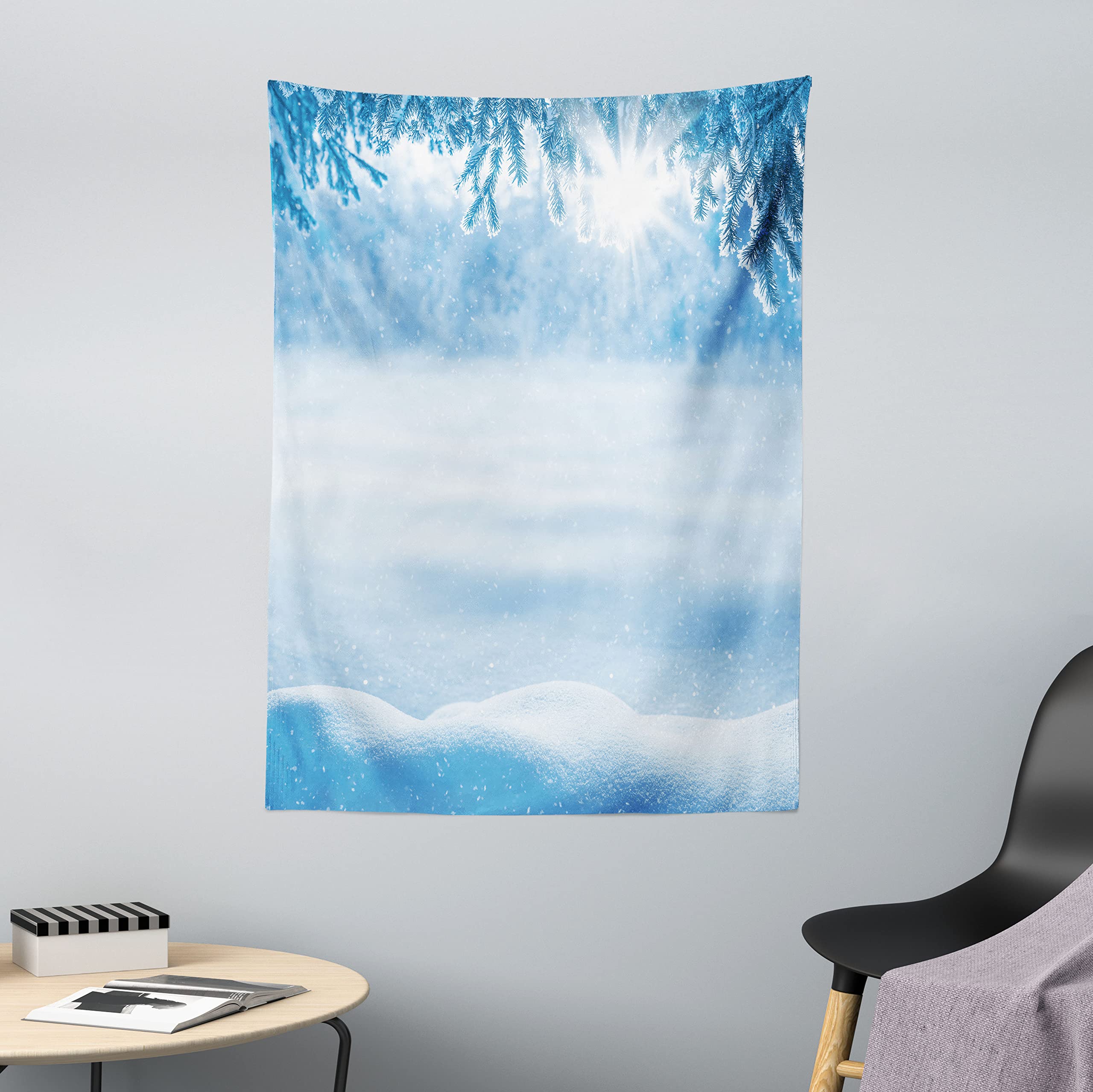 ABAKUHAUS Winter Tapestry, Psychedelic Winter Background with Snow Drifts and Cold Pine Branch Image, Fabric Wall Hanging Decor for Bedroom Living Room Dorm, 43 W X 58 L, White