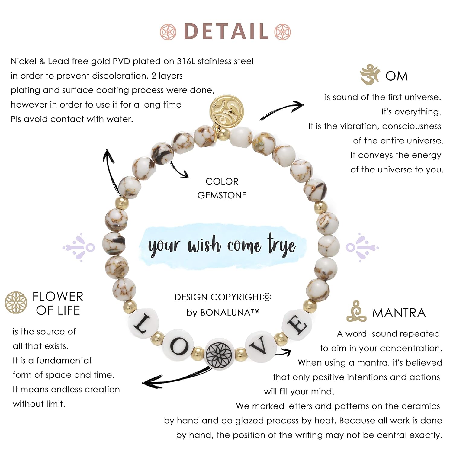 Buy Bonaluna My Wish Love Mantra 6mm Beige Color Stone Meditation Healing Bracelets For Women At Amazon In