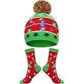 Hikkcos Light Up Christmas Hat Beanie Winter Hat and Xmas Holiday Socks, Gifts for Men Women Teens