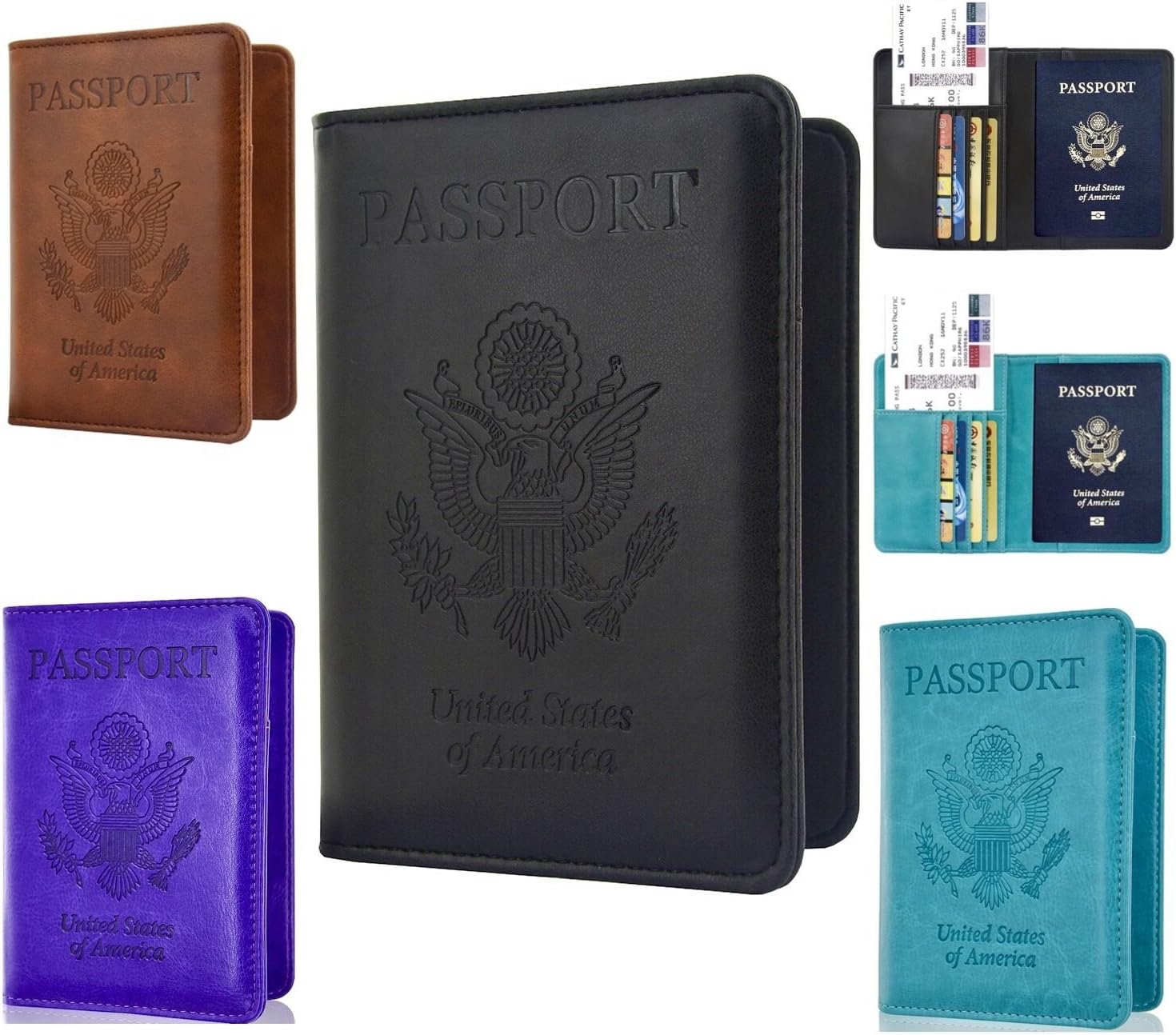 [RFID] Blocking Leather Passport Holder Wallet Case Cover PU For Men and Women(Eagle - Black)