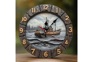 GVYGVY Decorative Wall Clocks Battery Operated 10 Inch - Modern Wooden Retro Fishing Boat 2D Print Non Ticking Silent Wall Cl