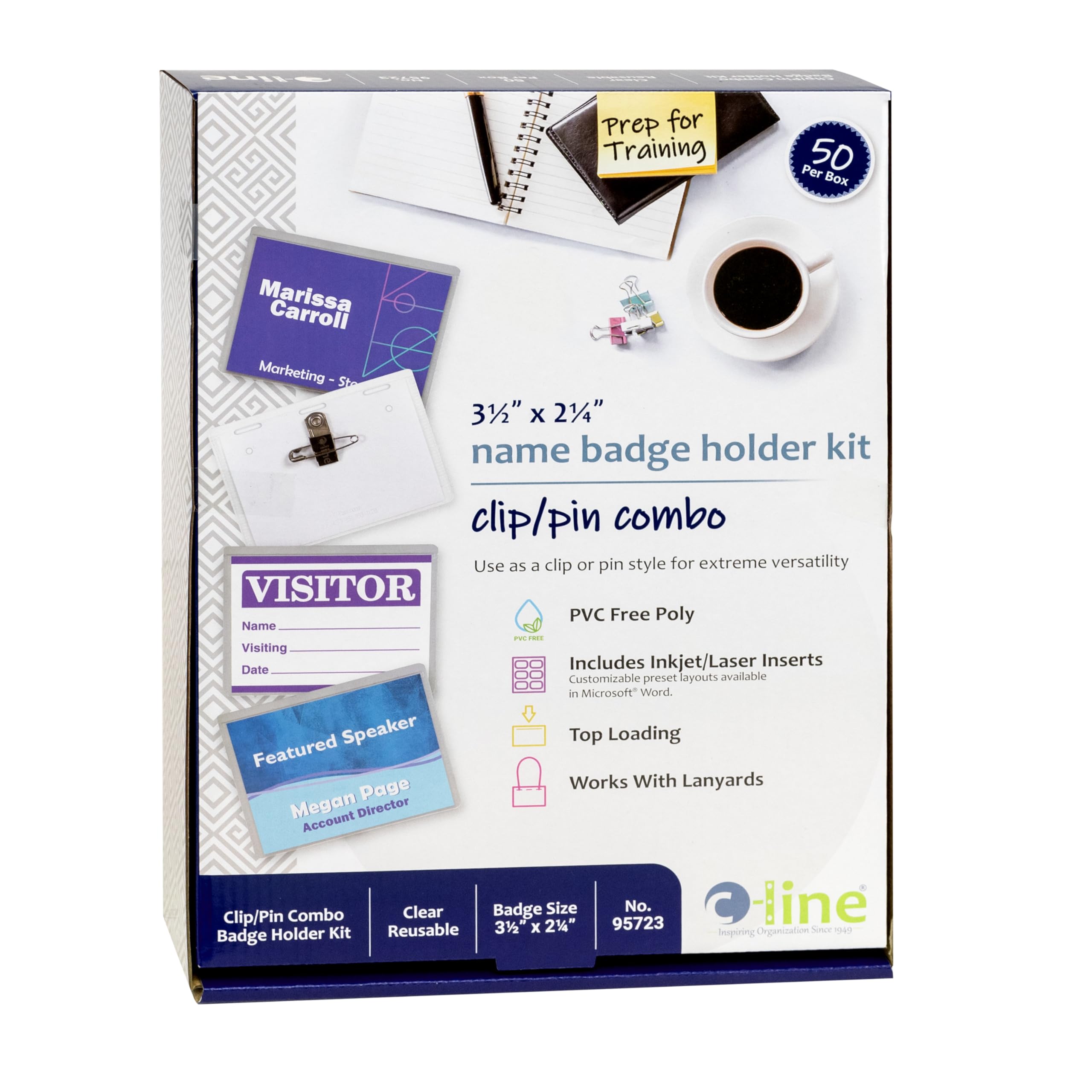 C-Line Name Badge Kit with Inserts, Top Load, 3-1/2" x 2-1/4", Clear, Combo Clip/Pin, Box of 50 (95723)