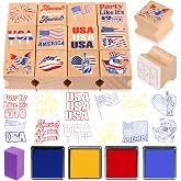 HOWAF USA Patriotic Wooden Rubber Stamps Set, 12pcs 4th of July Stamps Ink Pads for Independence Day DIY Crafts, 250 Years of Freedom Party Favors American Flag Inking Stamp Rubber Stamp
