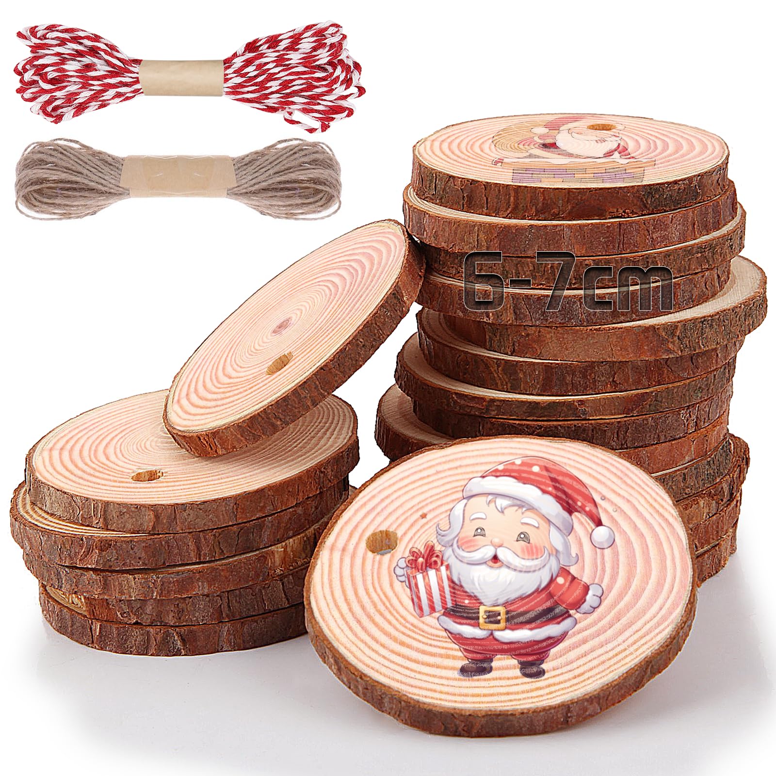 Natural Wood Slices for Crafts 30Pcs Round Wooden Discs with Holes Hanging Rope 6-7cm Unfinished Log Slices Predrilled Wooden Circles for Arts Crafts DIY Hobby Wedding Christmas Ornaments Decoration