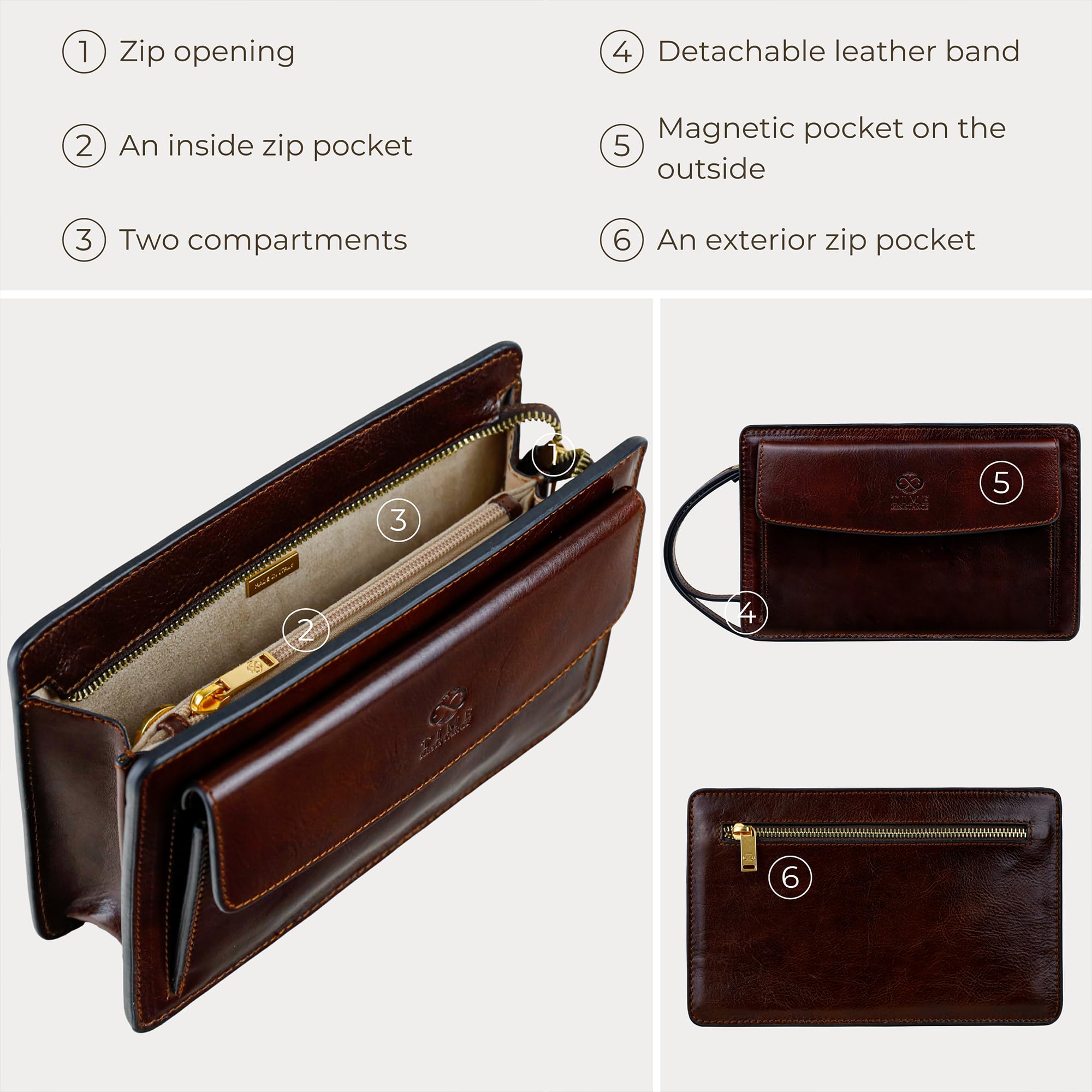 Time Resistance Leather Clutch for Men Organizer Wrist Bag Briefcase Handmade in Italy Gift Box Included