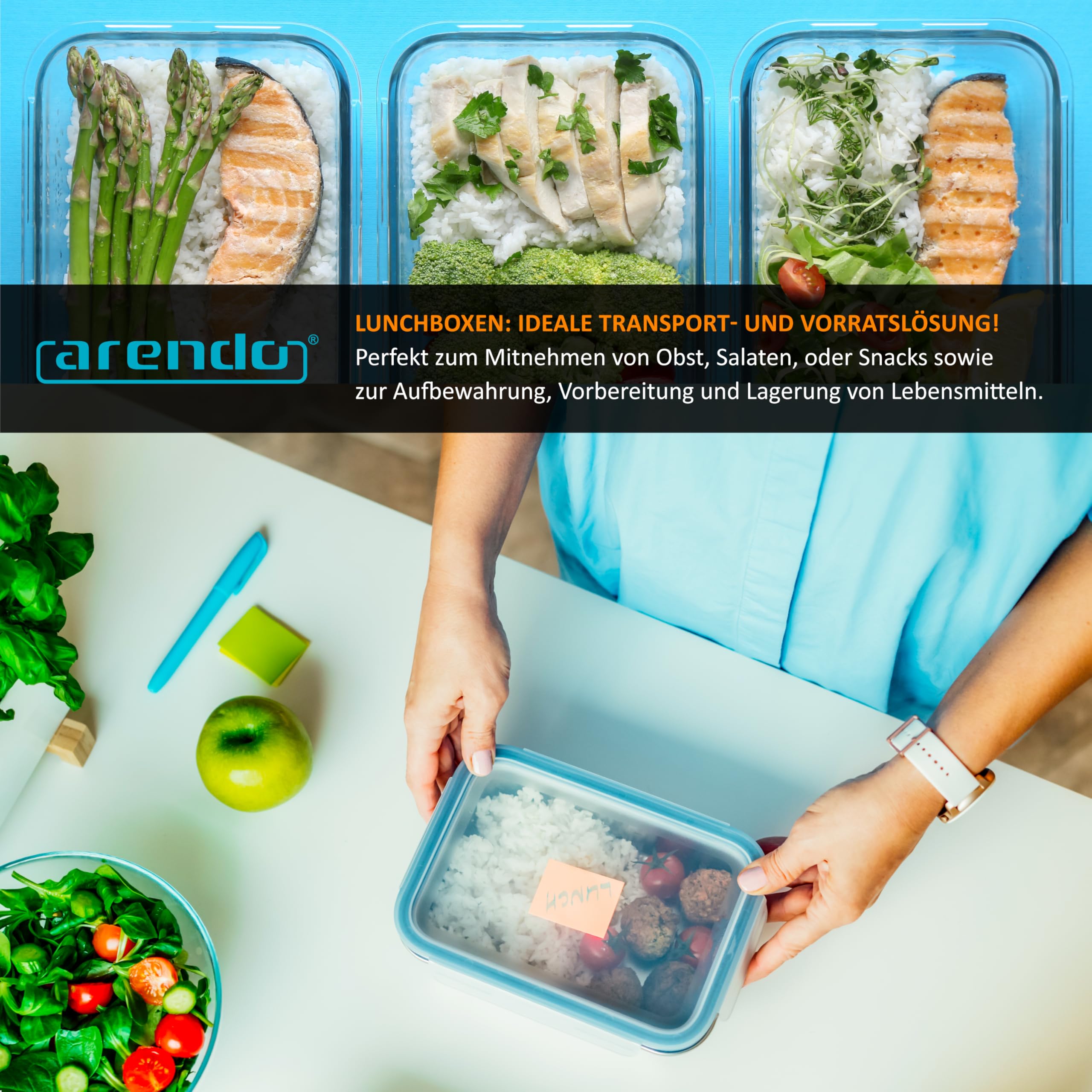 Arendo - Glas Lunchboxen Frischhaltedosen für Lebensmittel mit Deckel luftdicht - 5er Set - 1050 ml - für Mikrowelle Ofen Gefrierschrank - Spülmaschinen geeignet - Vorratsdosen Meal Prep Boxen Set 6