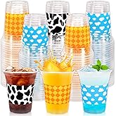 Whaline 60Pcs 12Oz Cartoon Story Party Plastic Cups Blue Sky Cow Print Yellow Checkered Disposable Drinking Cup for Birthday Baby Shower Party Supplies
