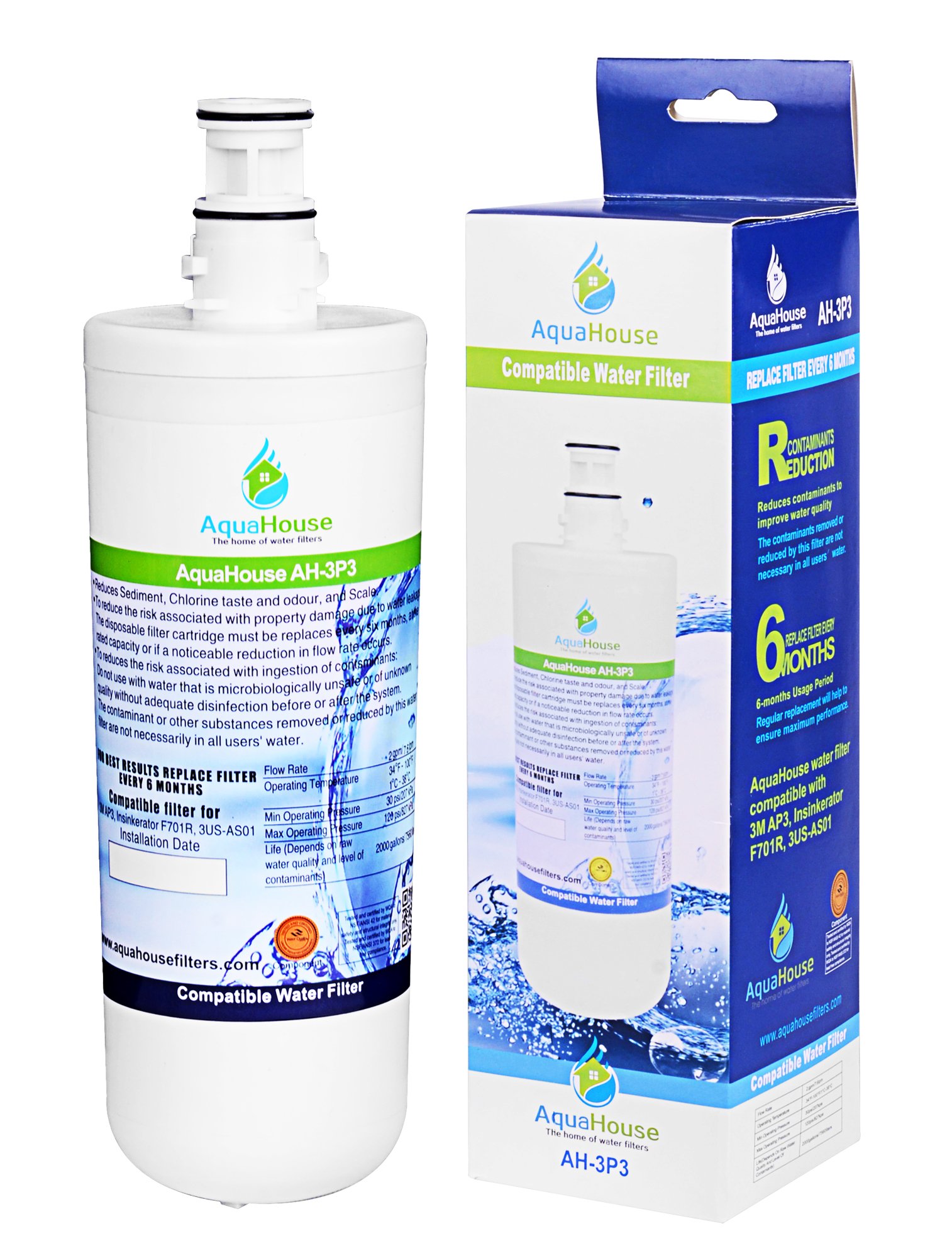 AquaHouse AH-3P3 Water Filter Compatible with InSinkErator Hot Water Tap F701R F-701, HC-1100, GN-1100, HC-3300, HC-3300, AP3-765S, AP3-765-S-E