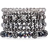 MAKERSLAND Clay Beaded Bracelets, White Pink Preppy Bracelets Gray Preppy Bracelet Black Bracelets Boho Multi-Layer Beaded Crystal Bracelets, Bohemian Stackable Bead Bracelet Set Jewelry for Women