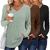 Sweetyweee 3 Pack Womens Long Sleeve Shirts V Neck Tunic Tops Loose Fit Lightweight Sweaters Basic Casual Fall Clothes