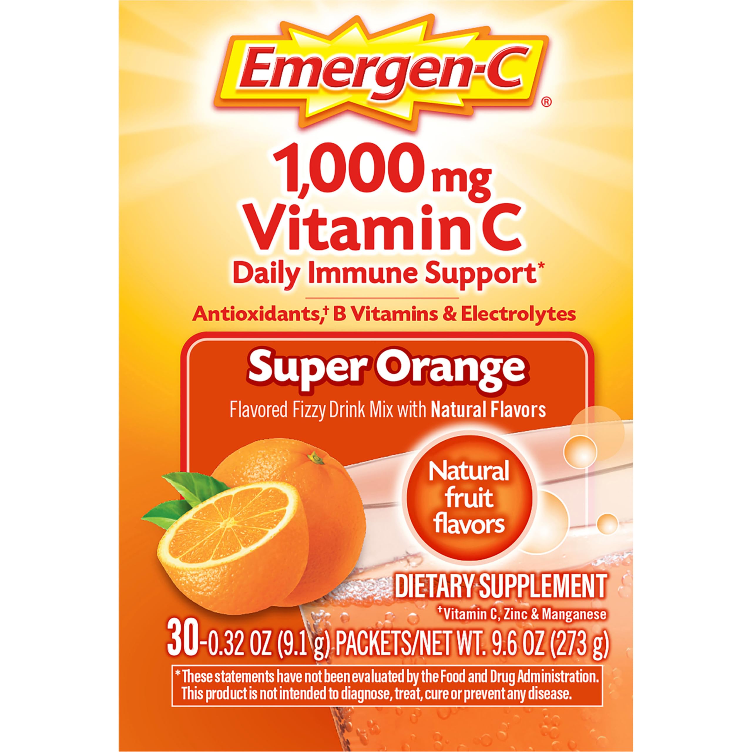 Emergen-C 1000mg Vitamin C Powder for Daily Immune Support Caffeine Free Vitamin C Supplements with Zinc and Manganese, B Vitamins and Electrolytes, Super Orange Flavor - 30 Count