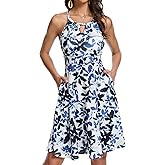 JOYSHAPER Built in Bra Summer Dress Casual Beach Sundress Flowy Halter Dress with Pockets