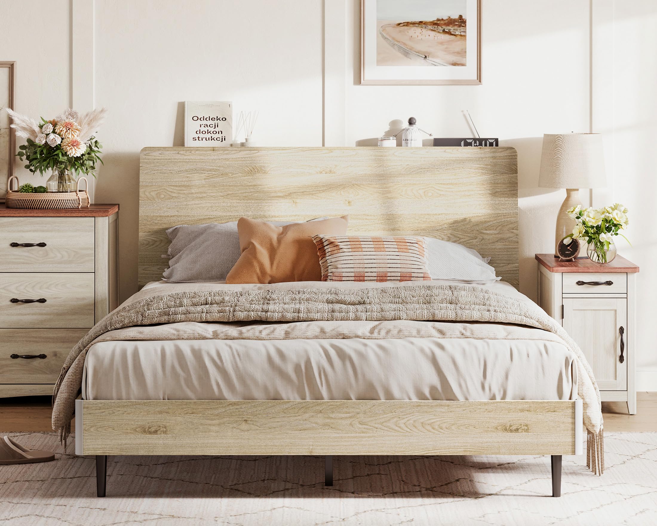 LINSY Full Size Wood Platform Bed Frame with Ergonomic Headboard, Bed ...
