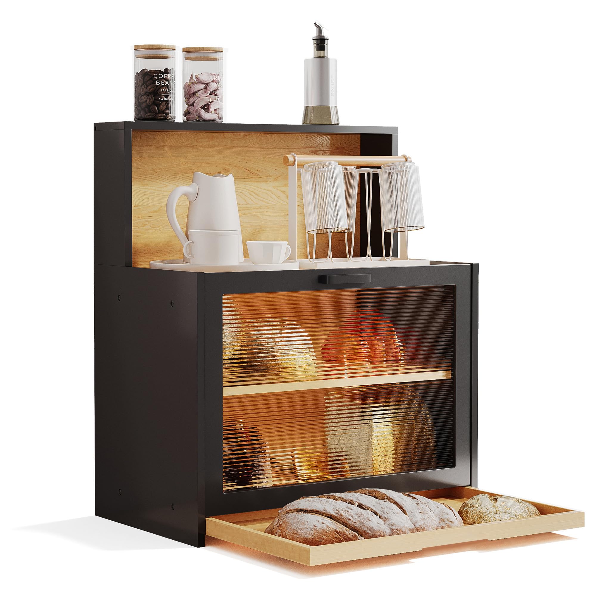 Photo 1 of BUTUNITA Bread box for Kitchen Countertop, Farmhouse BreadBoxes for Kitchen Counter Airtight, Large Bamboo Organizer for Homemade Bread Storage, Cups, Spices & Snacks, Black