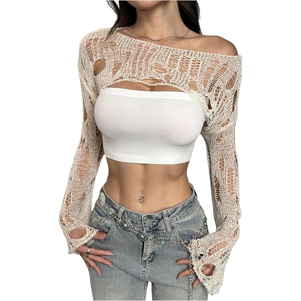 WDIRARA Women's Off Shoulder Crochet Distressed Hollow Out Long